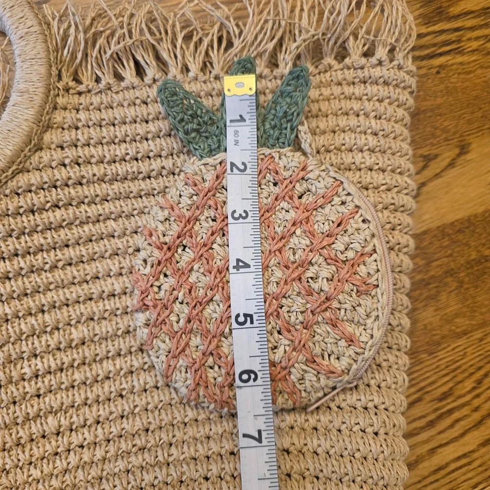 2pc Liz Claiborne Woven Straw Tote Bag Pineapple Fringed Beach Resort Coin Purse